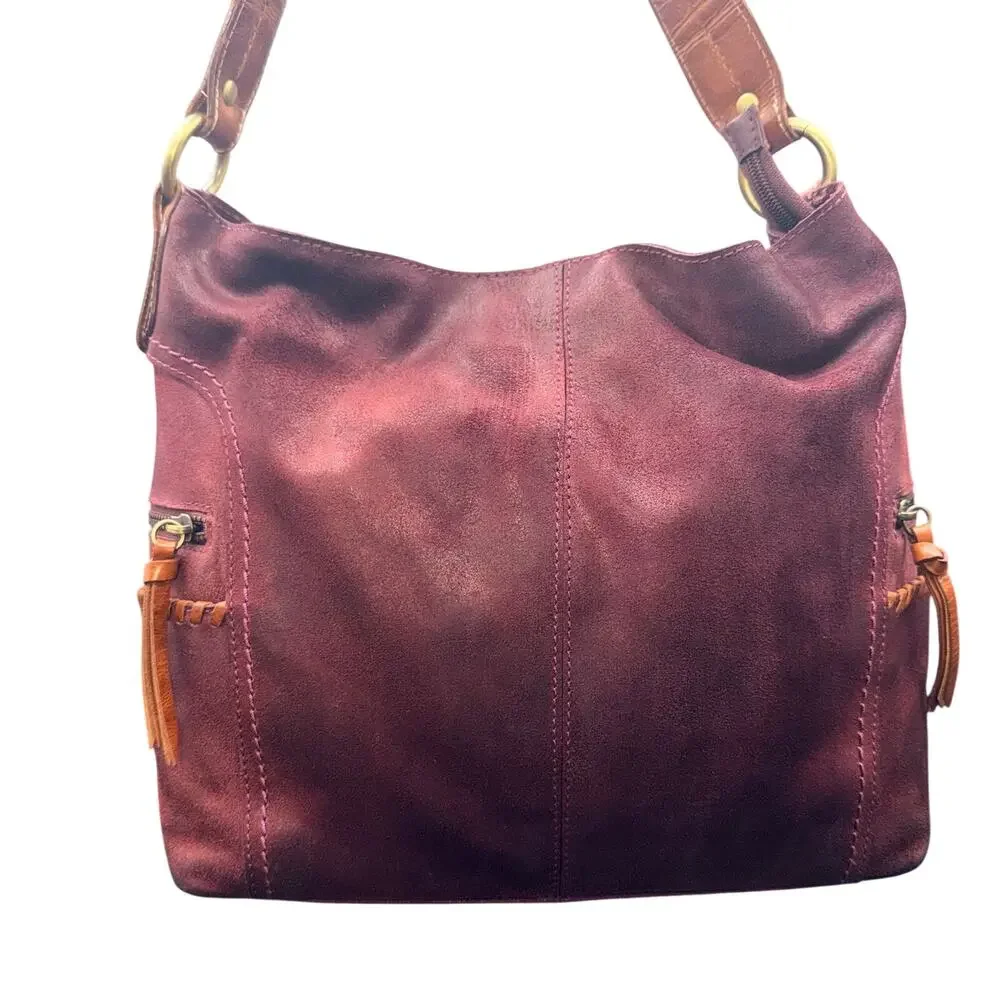 Nino Bossi Burgundy Leather Hobo Bag Whipstitch Boho Shoulder Purse